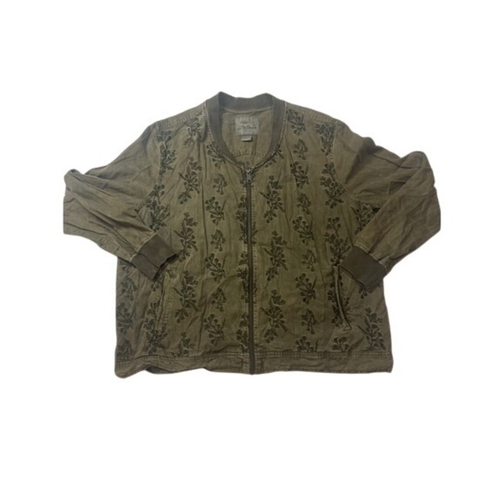 Bob Timberlake Bomber Jacket Women XL Olive Green Excellent Floral Embroidered